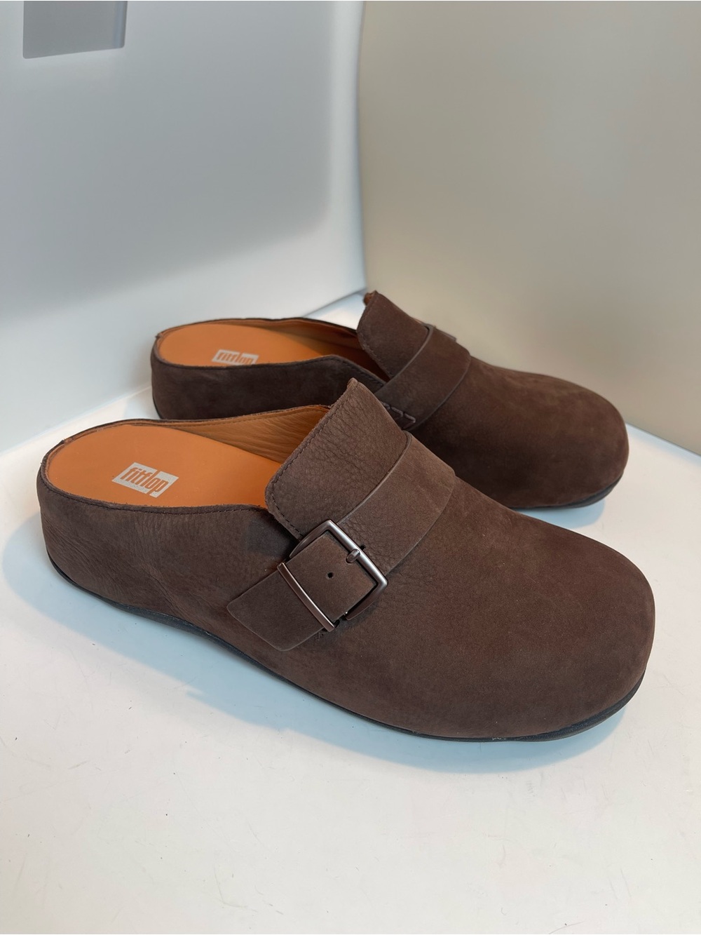 FitFlop Shuv Buckle Brown Nubuck Leather Clogs Mules Shoes Women US 9 EU 41